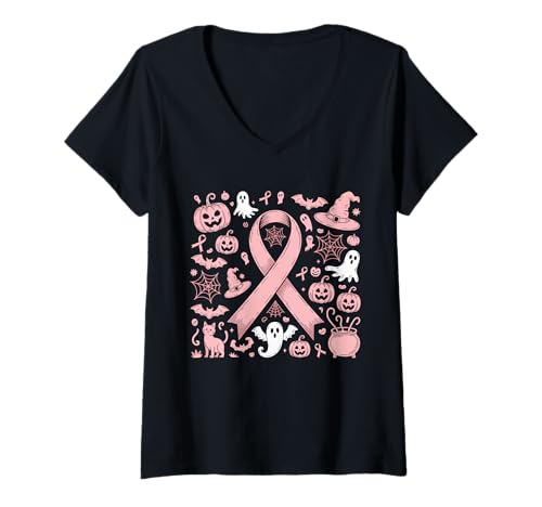 Damen Coquette Pinke Schleifen Halloween Gruselig Oktober T-Shirt mit V-Ausschnitt Damen Coquette Pinke Schleifen Halloween Gruselig Oktober T-Shirt mit V-Ausschnitt von Breast Cancer Awareness October