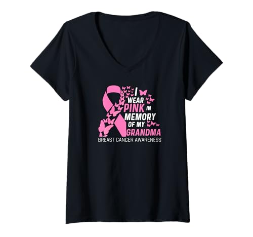 Damen Ich trage Rosa in Erinnerung an das Brustkrebsbewusstsein meiner Großmutter T-Shirt mit V-Ausschnitt von Breast Cancer Awareness Outfits for Women Men Kids