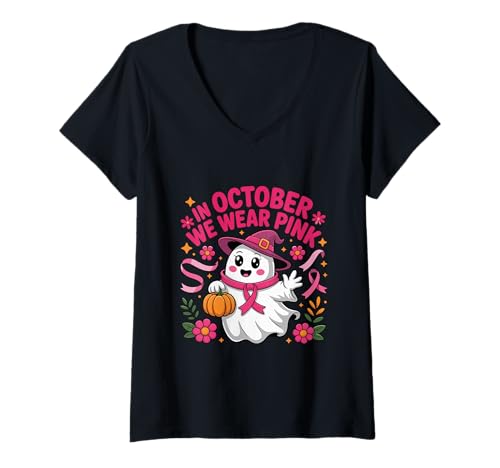 Damen Breast Cancer in October We Wear Pink Cute Ghost Halloween T-Shirt mit V-Ausschnitt Damen Breast Cancer in October We Wear Pink Cute Ghost Halloween T-Shirt mit V-Ausschnitt von Breast Cancer Awareness Pink Ghost Gift