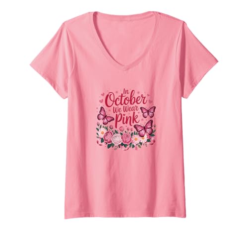 Damen Im Oktober tragen wir rosa süße Schmetterlingsblüten für Damen und Mädchen T-Shirt mit V-Ausschnitt Damen Im Oktober tragen wir rosa süße Schmetterlingsblüten für Damen und Mädchen T-Shirt mit V-Ausschnitt von Breast Cancer Awareness Pink Ribbon Floral Design