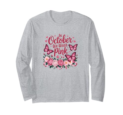 Im Oktober tragen wir rosa süße Schmetterlingsblüten für Damen und Mädchen Langarmshirt Im Oktober tragen wir rosa süße Schmetterlingsblüten für Damen und Mädchen Langarmshirt von Breast Cancer Awareness Pink Ribbon Floral Design