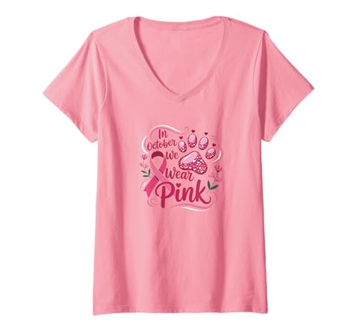 Damen Im Oktober tragen wir Pink Paw of Hope - Breast Cancer Awarenes T-Shirt mit V-Ausschnitt von Breast Cancer Awareness Pink Ribbon Paw Print Tee