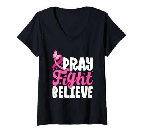 Damen Pray Fight Believe Brustkrebs rosa Schleife T-Shirt mit V-Ausschnitt Damen Pray Fight Believe Brustkrebs rosa Schleife T-Shirt mit V-Ausschnitt von Breast Cancer Awareness Pink Ribbon Strength