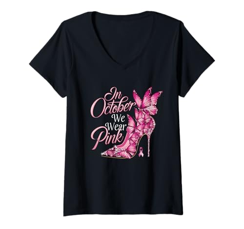 Damen Tragen Sie im Oktober einen rosa Brustkrebsbewusstsein High Heel T-Shirt mit V-Ausschnitt von Breast Cancer Awareness Pink Ribbon Warrior