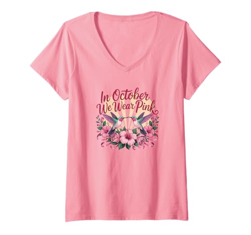 Damen Im Oktober tragen wir Pink Hummingbird Garden T-Shirt mit V-Ausschnitt von Breast Cancer Awareness Pink Ribbon and Floral Tee