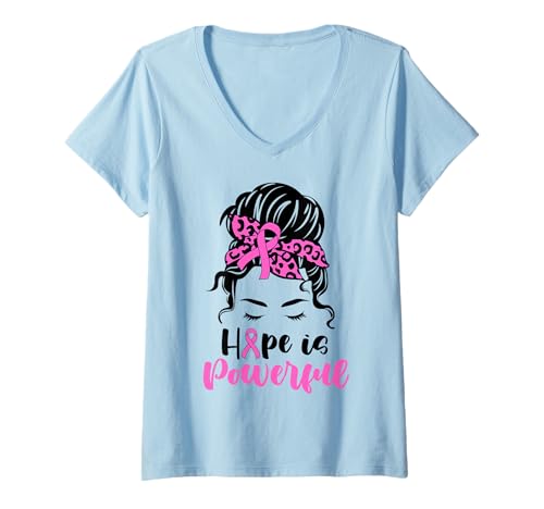 Damen Hoffnung ist mächtig, chaotisch, brötchenrosa, Bewusstsein für Brustkrebs T-Shirt mit V-Ausschnitt von Breast Cancer Awareness Pink Ribbon