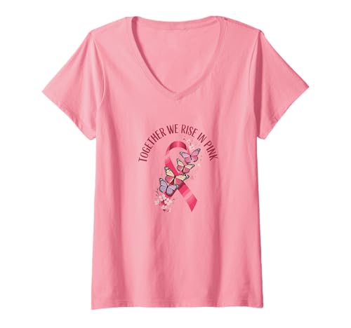 Damen Brustkrebs-Bewusstseins-Zitat Shirt Together We Rise in Pink T-Shirt mit V-Ausschnitt Damen Brustkrebs-Bewusstseins-Zitat Shirt Together We Rise in Pink T-Shirt mit V-Ausschnitt von Breast Cancer Awareness Ribbon and Butterfly Shirt