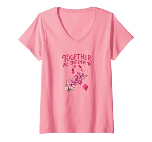 Damen Together We Rise in Pink - Brustkrebsbewusstsein Schmetterling T-Shirt mit V-Ausschnitt von Breast Cancer Awareness Ribbon and Butterfly Shirt