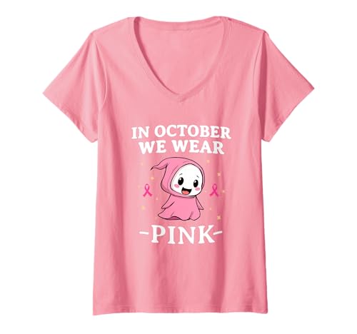 Damen Brustkrebs-Bewusstseins-Shirts Frauen im Oktober tragen wir rosa T-Shirt mit V-Ausschnitt Damen Brustkrebs-Bewusstseins-Shirts Frauen im Oktober tragen wir rosa T-Shirt mit V-Ausschnitt von Breast Cancer Awareness Shirt - Pink Ghost Ribbons