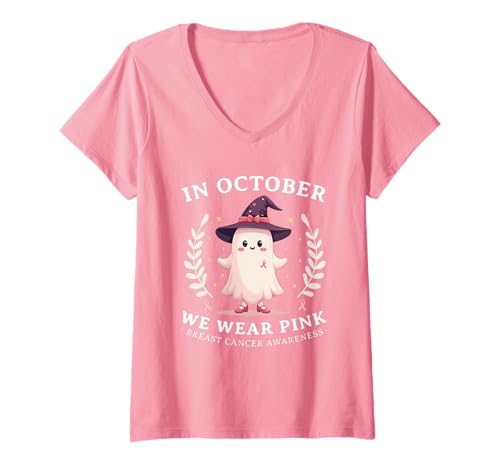 Damen Im Oktober tragen wir rosa Hemden Frauen Halloween Brustkrebs T-Shirt mit V-Ausschnitt Damen Im Oktober tragen wir rosa Hemden Frauen Halloween Brustkrebs T-Shirt mit V-Ausschnitt von Breast Cancer Awareness Shirts For Women Men Girls
