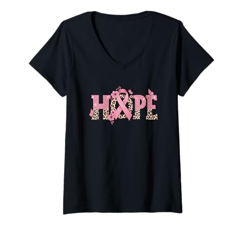 Damen Hope Rosafarbene Blumen mit Leopardenmuster T-Shirt mit V-Ausschnitt von Breast Cancer Awareness Support Message