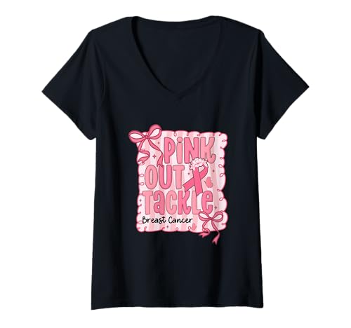 Damen Pink Out Tackle Brustkrebs T-Shirt mit V-Ausschnitt Damen Pink Out Tackle Brustkrebs T-Shirt mit V-Ausschnitt von Breast Cancer Awareness Support Pink