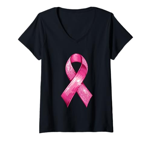 Damen Brustkrebs-Bewusstsein Pink Ribbon Hope Strength T-Shirt mit V-Ausschnitt von Breast Cancer Awareness Support Ribbon Emblem