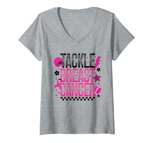 Damen Tackle Brustkrebsbewusstsein Fußballsaison Pink Out T-Shirt mit V-Ausschnitt von Breast Cancer Awareness T-Shirt Co.