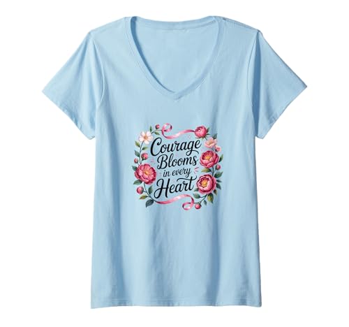 Damen Mut blüht in jedem Herzen, rosa Band, Blumenbewusstsein T-Shirt mit V-Ausschnitt Damen Mut blüht in jedem Herzen, rosa Band, Blumenbewusstsein T-Shirt mit V-Ausschnitt von Breast Cancer Awareness Tee For Women's