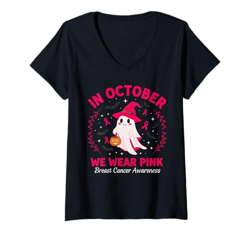 Damen Im Oktober tragen wir rosa Geist Halloween Brustkrebs Frauen T-Shirt mit V-Ausschnitt von Breast Cancer Awareness Tees For Men Women kids