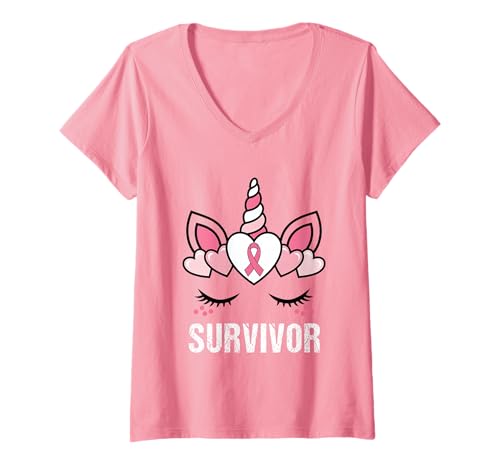 Damen Einhorn Survivor Brustkrebs-Bewusstsein Grafikdesign T-Shirt mit V-Ausschnitt von Breast Cancer Awareness Vibes