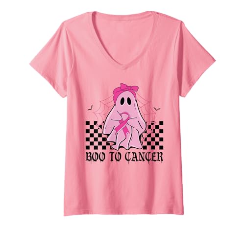 Damen Boo Brustkrebs rosa Geist Oktober Halloween kariert T-Shirt mit V-Ausschnitt von Breast Cancer Awareness Warrior Survivor Gifts