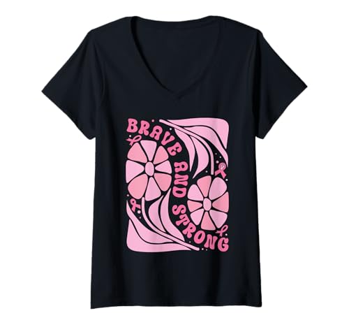 Damen Brave Strong Breast Cancer Ribbon Oktober Awareness Month T-Shirt mit V-Ausschnitt von Breast Cancer Awareness Warrior Survivor Gifts