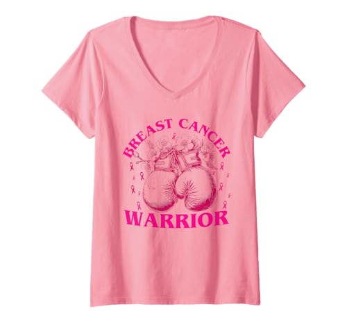 Damen Brustkrebs-Krieger Pink Boxhandschuhe Bewusstseinsmonat T-Shirt mit V-Ausschnitt von Breast Cancer Awareness Warrior Survivor Gifts