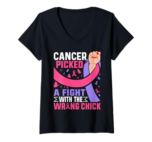 Damen Brustkrebs Picked Fight with The Wrong Chick Pink Ribbon T-Shirt mit V-Ausschnitt von Breast Cancer Awareness Warrior Survivor Gifts