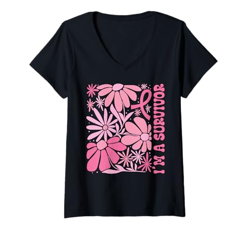 Damen Brustkrebs-Überlebender rosa Schleife Oktober Bewusstseinsmonat T-Shirt mit V-Ausschnitt von Breast Cancer Awareness Warrior Survivor Gifts
