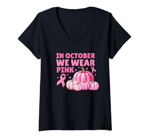 Damen Brustkrebs im Oktober tragen wir Pink Ribbon Awareness Month T-Shirt mit V-Ausschnitt von Breast Cancer Awareness Warrior Survivor Gifts