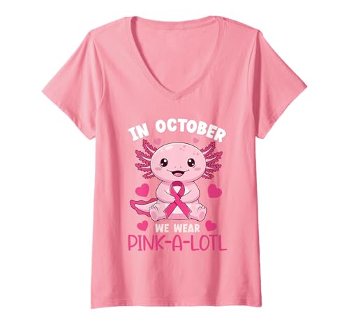 Damen Brustkrebs rosa Schleife Oktober Axolotl Bewusstseinsmonat T-Shirt mit V-Ausschnitt Damen Brustkrebs rosa Schleife Oktober Axolotl Bewusstseinsmonat T-Shirt mit V-Ausschnitt von Breast Cancer Awareness Warrior Survivor Gifts