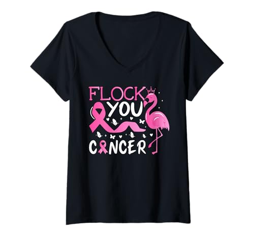 Damen Flock You Brustkrebs Pink Ribbon Flamingo Awareness Monat T-Shirt mit V-Ausschnitt von Breast Cancer Awareness Warrior Survivor Gifts