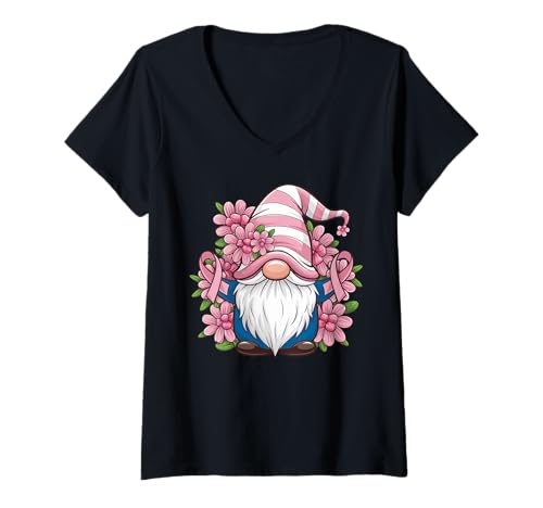 Damen Lustiger Brustkrebs rosa Schleife niedlicher Zwerg Bewusstseinsmonat T-Shirt mit V-Ausschnitt von Breast Cancer Awareness Warrior Survivor Gifts