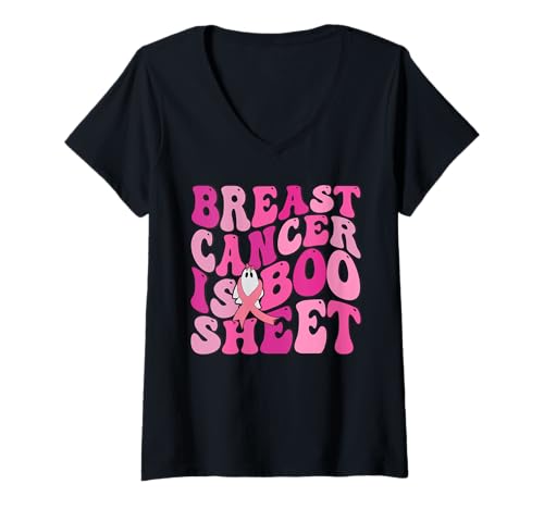 Damen Lustiges Brustkrebs ist Boo Blatt Ghost Pink Ribbon Halloween T-Shirt mit V-Ausschnitt von Breast Cancer Awareness Warrior Survivor Gifts