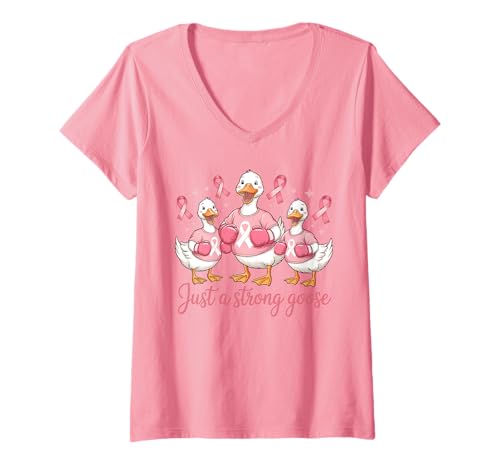Damen Lustiges Brustkrebsband mit pinkem Band Just A Strong Goose Fighter T-Shirt mit V-Ausschnitt Damen Lustiges Brustkrebsband mit pinkem Band Just A Strong Goose Fighter T-Shirt mit V-Ausschnitt von Breast Cancer Awareness Warrior Survivor Gifts