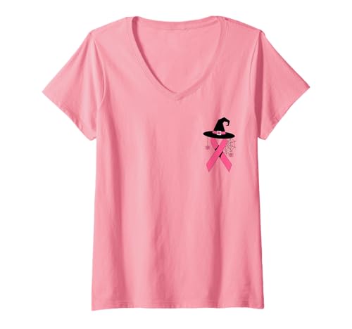 Damen Niedliche Brustkrebs-Pinke Schleife Hexentasche Halloween Vibes T-Shirt mit V-Ausschnitt von Breast Cancer Awareness Warrior Survivor Gifts