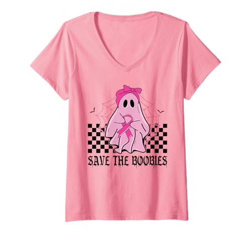 Damen Save The Boobies Lustiges Brustkrebsband Halloween Geist T-Shirt mit V-Ausschnitt Damen Save The Boobies Lustiges Brustkrebsband Halloween Geist T-Shirt mit V-Ausschnitt von Breast Cancer Awareness Warrior Survivor Gifts