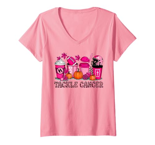 Damen Tackle Brustkrebsband Fußball Kaffee Bewusstsein Monat T-Shirt mit V-Ausschnitt von Breast Cancer Awareness Warrior Survivor Gifts