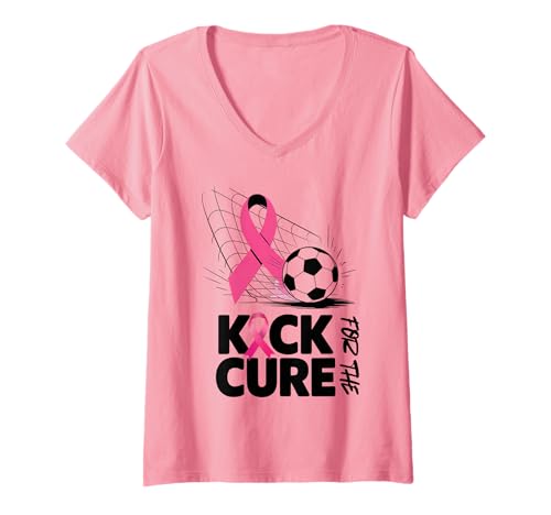 Damen Kick for The Cure Brustkrebs-Bewusstsein Fußball T-Shirt mit V-Ausschnitt Damen Kick for The Cure Brustkrebs-Bewusstsein Fußball T-Shirt mit V-Ausschnitt von Breast Cancer Awareness Wear Pink October Women