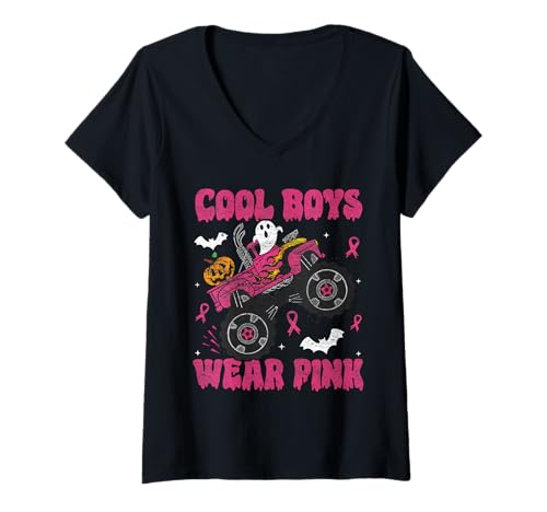 Damen Coole Jungs tragen rosa Monster Truck Halloween-Brustkrebs T-Shirt mit V-Ausschnitt Damen Coole Jungs tragen rosa Monster Truck Halloween-Brustkrebs T-Shirt mit V-Ausschnitt von Breast Cancer Awareness Women Gifts Pink Ribbon