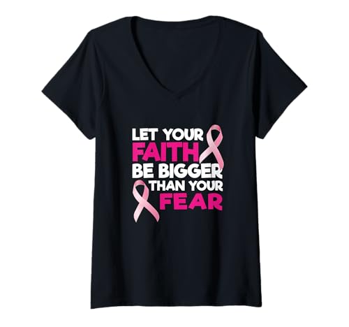Damen Faith Over Fear Brustkrebs-Unterstützung, Pink T-Shirt mit V-Ausschnitt von Breast Cancer Awareness by TC
