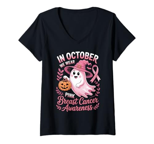 Damen Brustkrebs Frauen Halloween im Oktober tragen wir rosa T-Shirt mit V-Ausschnitt von Breast Cancer Awareness for Women Men