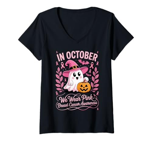 Damen Brustkrebs Frauen Halloween im Oktober tragen wir rosa T-Shirt mit V-Ausschnitt von Breast Cancer Awareness for Women Men