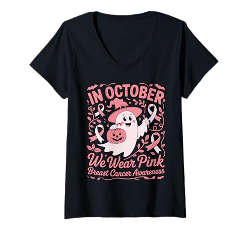 Damen Brustkrebs Frauen Halloween im Oktober tragen wir rosa T-Shirt mit V-Ausschnitt von Breast Cancer Awareness for Women Men