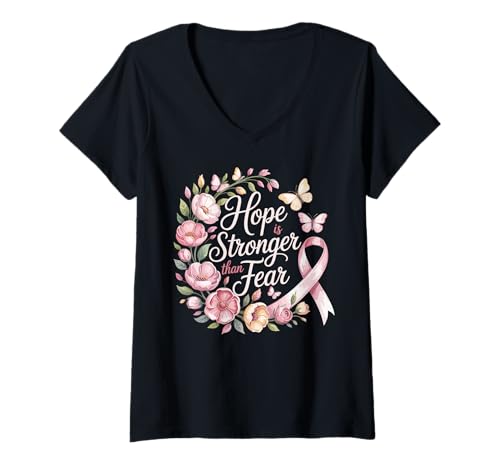 Damen Band mit Aufschrift Hope is Stronger Than Fear Breast Cancer Awareness T-Shirt mit V-Ausschnitt Damen Band mit Aufschrift Hope is Stronger Than Fear Breast Cancer Awareness T-Shirt mit V-Ausschnitt von Breast Cancer Awareness