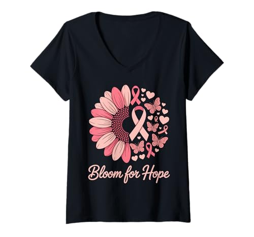 Damen Bloom for Hope Brustkrebs-Unterstützung mit rosa Schleife T-Shirt mit V-Ausschnitt Damen Bloom for Hope Brustkrebs-Unterstützung mit rosa Schleife T-Shirt mit V-Ausschnitt von Breast Cancer Awareness