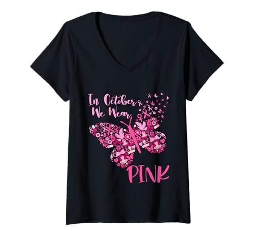 Damen In October We Wear Pink Butterfly T-Shirt mit V-Ausschnitt von Breast Cancer Awareness