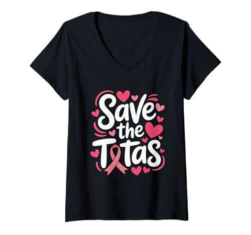 Damen Save The Tatas Brustkrebs-Bewusstseins-Band, Rosa T-Shirt mit V-Ausschnitt von Breast Cancer For Men And Women