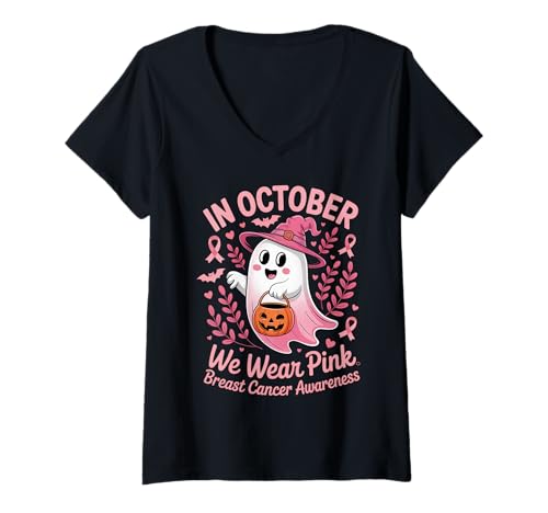 Damen Breast Cancer Halloween in October We Wear Pink Funny T-Shirt mit V-Ausschnitt Damen Breast Cancer Halloween in October We Wear Pink Funny T-Shirt mit V-Ausschnitt von Breast Cancer Halloween Design