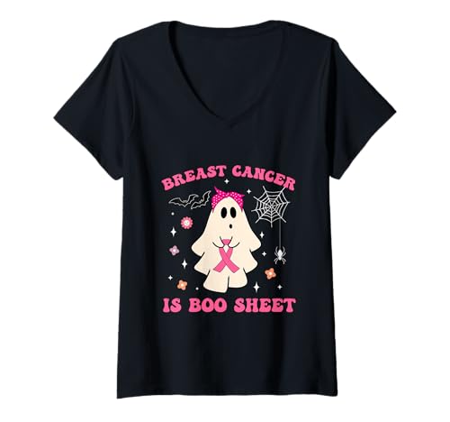 Damen Brustkrebs ist Boo Blatt Halloween Brustkrebs Bewusstsein T-Shirt mit V-Ausschnitt Damen Brustkrebs ist Boo Blatt Halloween Brustkrebs Bewusstsein T-Shirt mit V-Ausschnitt von Breast Cancer Is Boo Sheet Halloween Funny tees