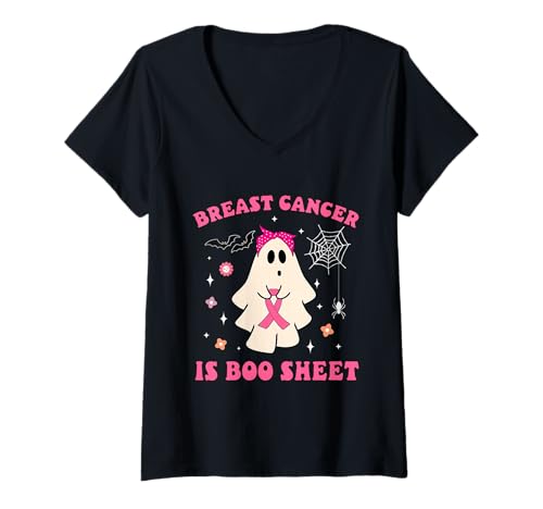 Damen Brustkrebs ist Boo Blatt Halloween Brustkrebs Bewusstsein T-Shirt mit V-Ausschnitt Damen Brustkrebs ist Boo Blatt Halloween Brustkrebs Bewusstsein T-Shirt mit V-Ausschnitt von Breast Cancer Is Boo Sheet Halloween Funny tees