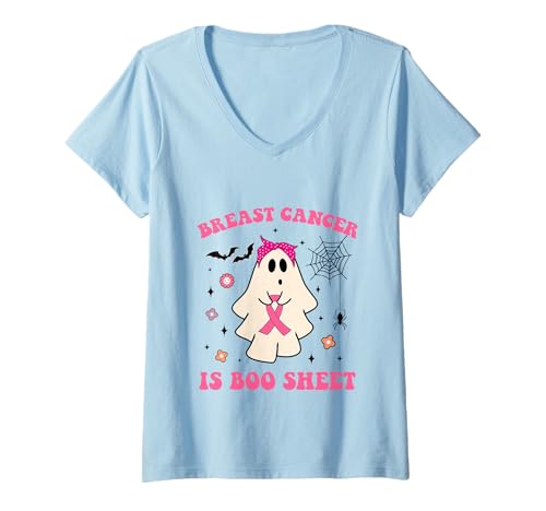 Damen Brustkrebs ist Boo Blatt Halloween Brustkrebs Bewusstsein T-Shirt mit V-Ausschnitt Damen Brustkrebs ist Boo Blatt Halloween Brustkrebs Bewusstsein T-Shirt mit V-Ausschnitt von Breast Cancer Is Boo Sheet Halloween Funny tees