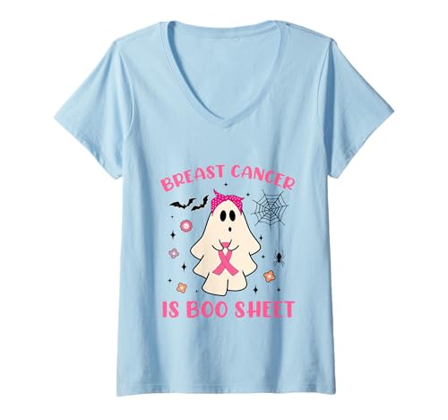 Damen Brustkrebs ist Boo Blatt Halloween Brustkrebs Bewusstsein T-Shirt mit V-Ausschnitt Damen Brustkrebs ist Boo Blatt Halloween Brustkrebs Bewusstsein T-Shirt mit V-Ausschnitt von Breast Cancer Is Boo Sheet Halloween Funny tees